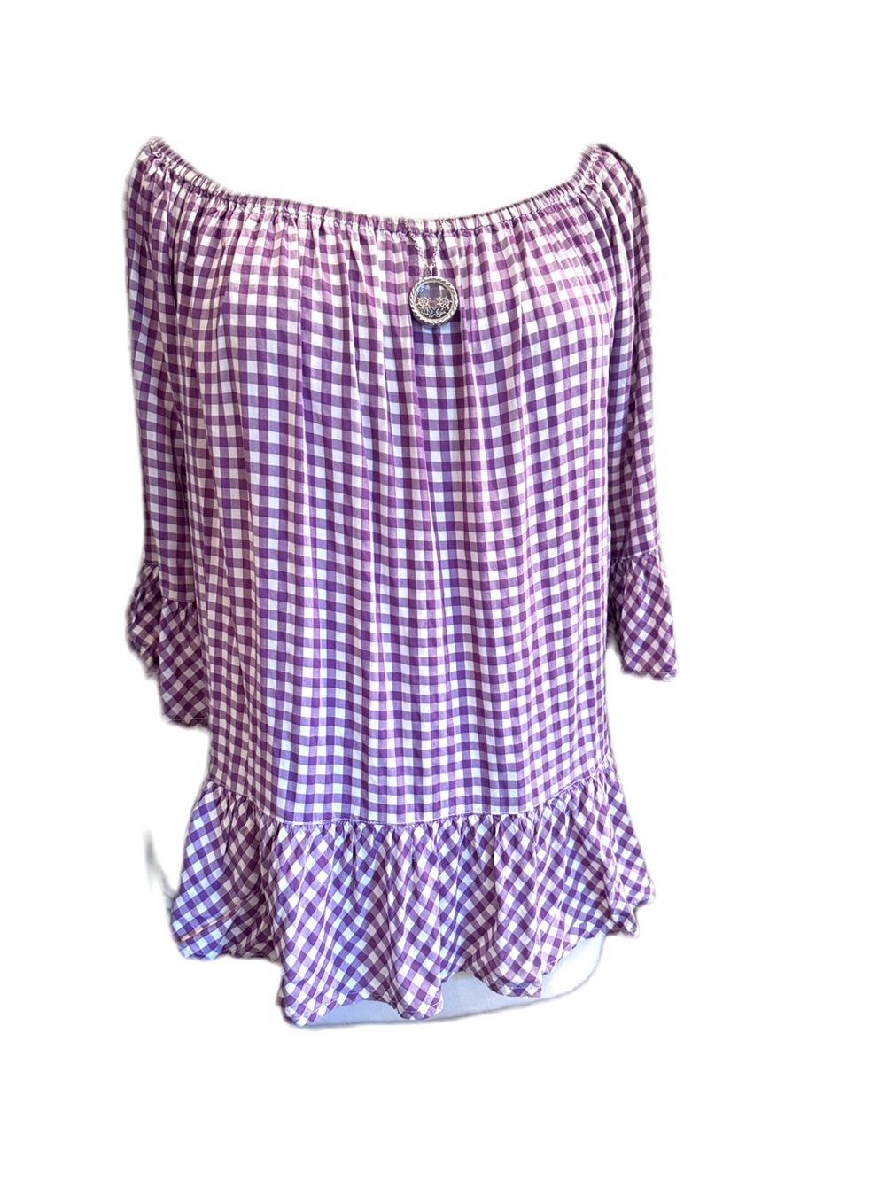Off-Shoulder Purple Gingham Ruffle Hem Top